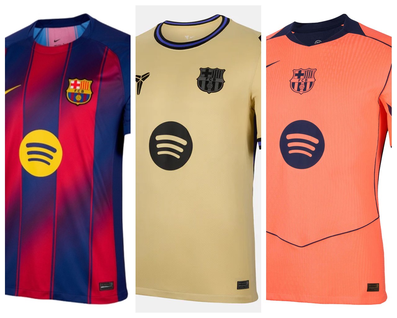 Confronto tra maglia Home, Away e Third del Barcellona con colori e design della stagione 2025/26